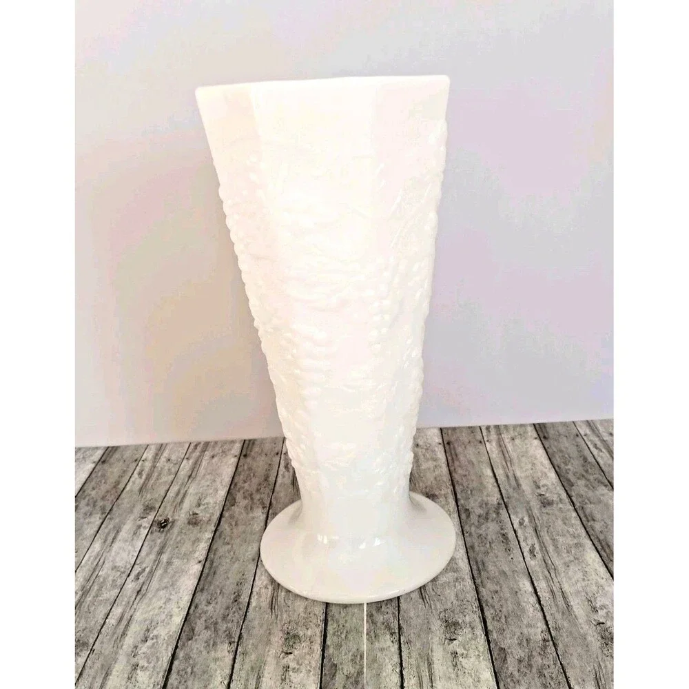 Vintage Milk Glass Paneled Grape Footed Vase 10